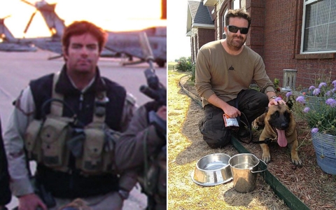 Brandon Webb in Afghanistan in 2002, left, and with his dog Castor in Texas, 2012, right.