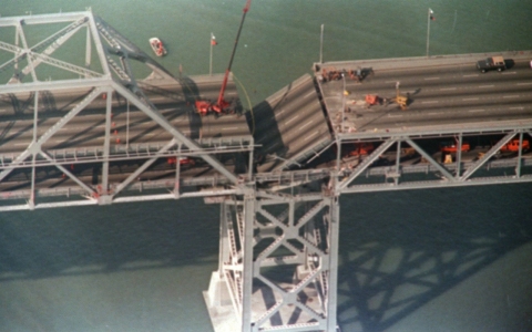 A portion of the Bay Bridge's eastern span collapsed after the 1989 earthquake. 