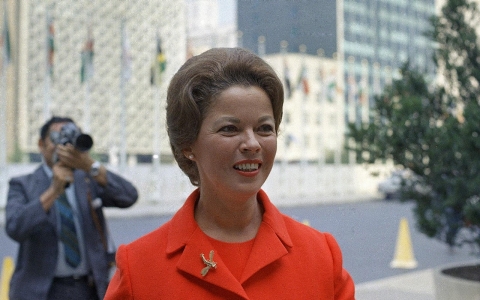 Shirley Temple Black shown as she leaves US Mission to UN and walks across to UN for lunch on Sep. 16, 1969.