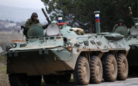 Russian armoured personnel carriers were reported heading to Simferopol of Crimea, Ukraine, Friday.