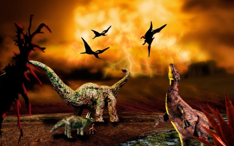Dinosaurs fleeing eruption