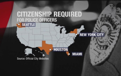 A sample of cities that require new police officers to be U.S. citizens.