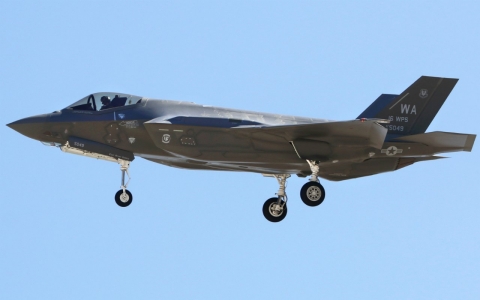 A Lockheed Martin F-35A Lightning II fighter jet, belonging to the Air Forces, lands at Nellis AFB earlier this month.