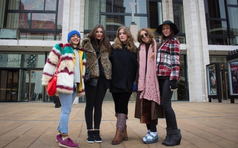 From left: Madge Ortiz, Rachel Johnson, Emma Katinia Brumenschenkel, Eavan Dempsey, and Katherine Steelman attend New York Fashion Week at Lincoln Center..